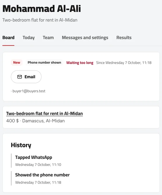 A customer file: their stage, how they got in touch, the property they asked about, and the times they revealed the number and tapped WhatsApp. Example with sample names.