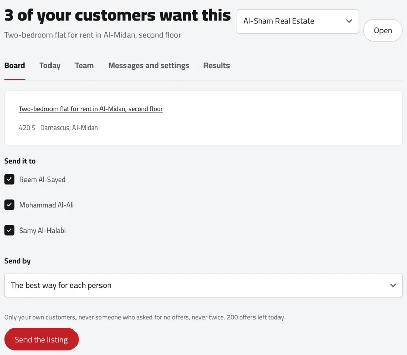 The page “3 of your customers want this” for a new flat, with the customers’ names and the send button. Example with sample names.