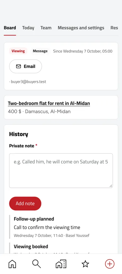 A customer file on a phone: their stage, how they got in touch and the property they asked about. Example with sample names.