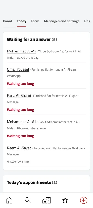The Today page on a phone: who is waiting for an answer and for how long, and today’s viewings. Example with sample names.