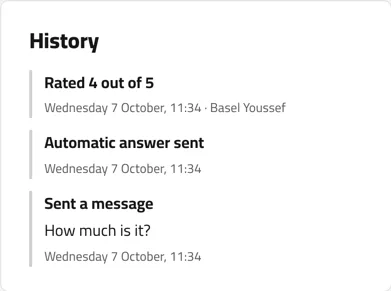 A customer’s history in the office: they sent “How much is it?” and the automatic reply went out the same minute. Example with sample names.