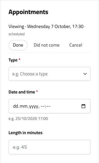 Appointments in a customer file: a booked viewing with Done, Did not come and Cancel, and the form to book another. Example with sample names.